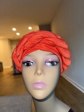 Braided Turban Headwrap in Bright Coral Orange